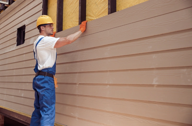A man in blue overalls and yellow hard hat painting the side of a house.