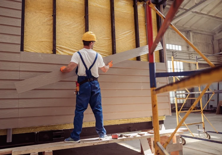 A man in blue overalls and hard hat holding a saw.
