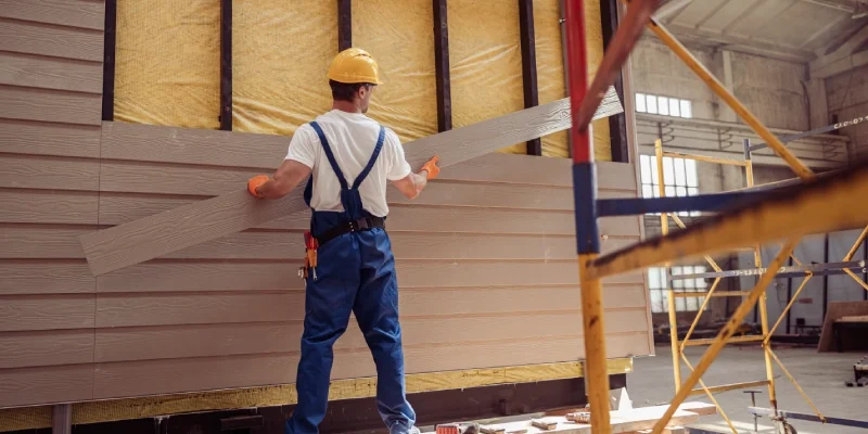 A man in blue overalls and hard hat holding a saw.