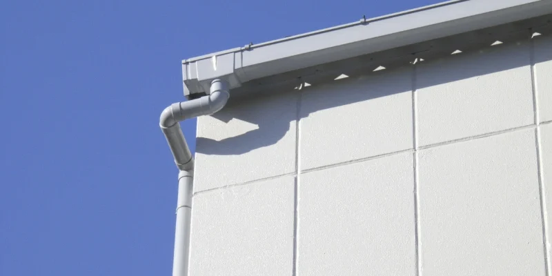 A white building with a metal gutter on the side.